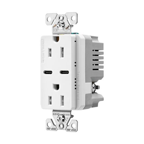 Eaton Combination USB Type-C Charger, 15A 5-15R Receptacle, 5A, 125 Vac, White - Cooper