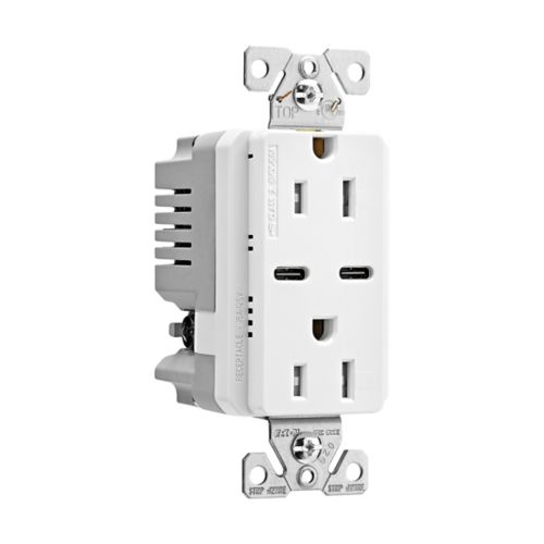 Eaton Combination USB Type-C Charger, 15A 5-15R Receptacle, 5A, 125 Vac, White