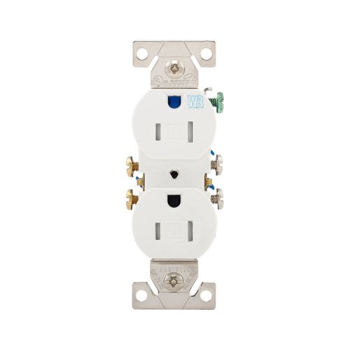 White Eaton 15A residential weatherproof and tamper-resistant duplex receptacle by Cooper, designed for safe outdoor wiring.