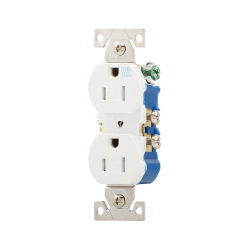 White Eaton 15A weather-resistant duplex receptacle with tamper-resistant features, designed for residential wiring by Cooper.