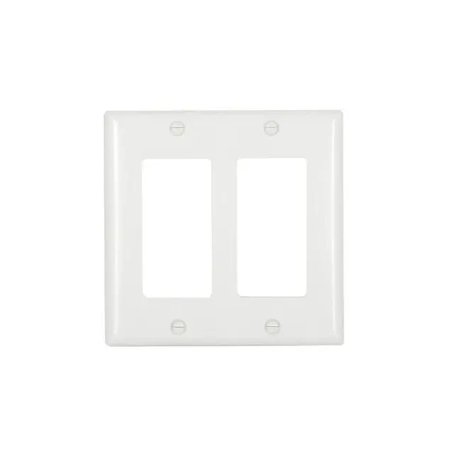 White Eaton Jumbo 2-Gang Decora Wallplate by Cooper, showing a durable plastic cover with two openings for wiring devices.
