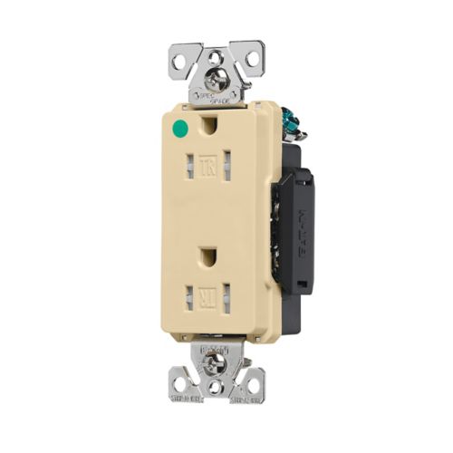 Eaton hospital-grade ivory 15AMP decorator duplex receptacle with flush mount for 14-10 AWG wires, 125V electrical outlet