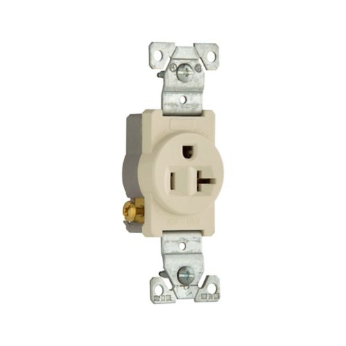 Cooper 20A Light Almond commercial single outlet receptacle, 125V, wiring device with visible outlet slots and mounting features