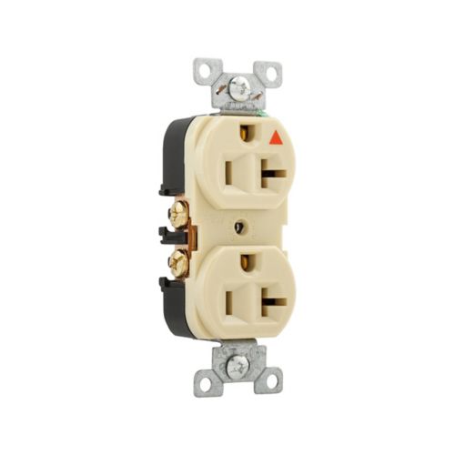 Cooper Ivory 20 Amp duplex receptacle with isolated ground, industrial 125V wiring device, mounted with visible electrical contacts