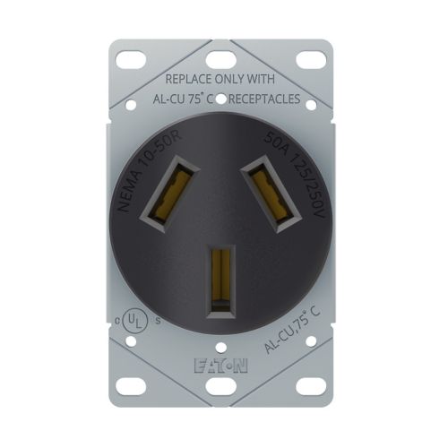 Black Eaton 50-Amp 125/250-Volt commercial round range receptacle by Cooper, wiring device for heavy-duty electrical connections.