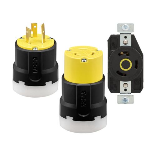 Eaton Arrow Hart color-coded locking connector for #14-8 AWG wires, 20A, 125V, yellow and black nylon, industrial wiring device