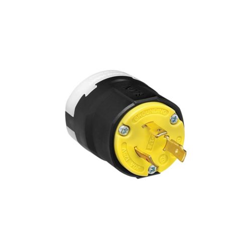Eaton Arrow Hart yellow and black locking plug with ultra grip nylon handle, 20A, 125V, for industrial wiring, #14-8 AWG, L5-20.