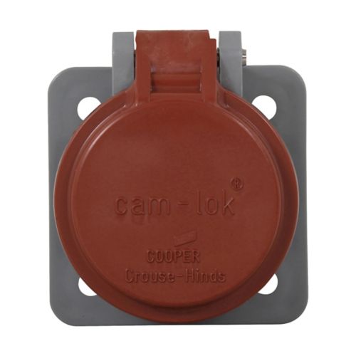 Red Eaton Crouse-Hinds Series Cam-Lok J Series E1016 receptacle cover, thermoplastic wiring device by Cooper.