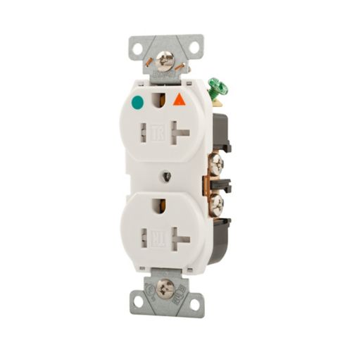 White Eaton heavy-duty hospital-grade 20 Amp duplex receptacle with #14-10 AWG wiring, designed for wiring devices.