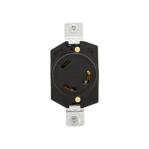 Black Eaton locking receptacle, #14-8 AWG, 30A industrial wiring device, single L6-30, two-pole three-wire, back wiring, Cooper brand