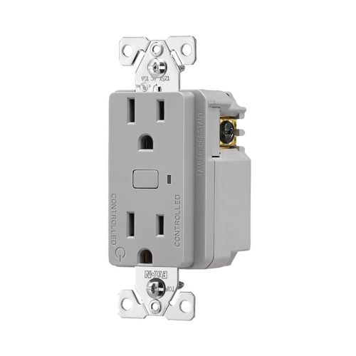 Eaton PLT Wi-Fi smart duplex gray receptacle with tamper-resistant design, 15A, 120V, split control, residential wiring device.