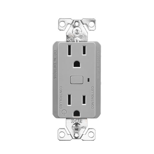 Eaton PLT Wi-Fi smart duplex gray receptacle with tamper-resistant design, 15A, 120V split control, residential wiring device.