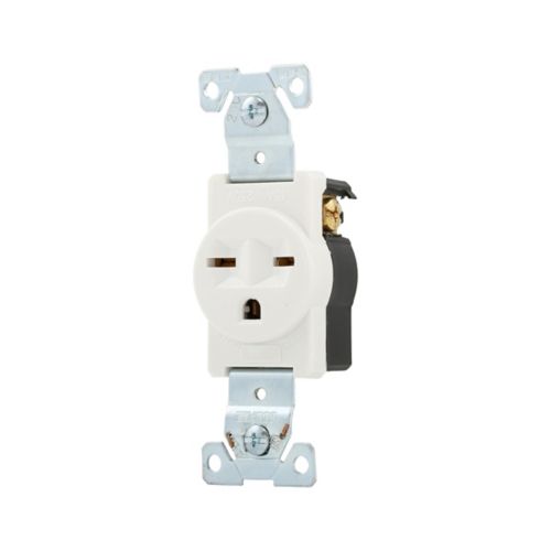 Eaton straight blade 15A specification grade single receptacle in white for wiring devices, mounted on wall.