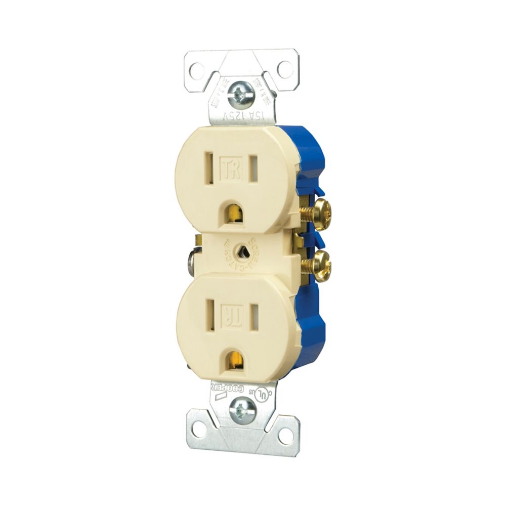 Eaton tamper resistant duplex receptacle 15 Amp 125V in almond color, wiring device by Cooper, with safety features.