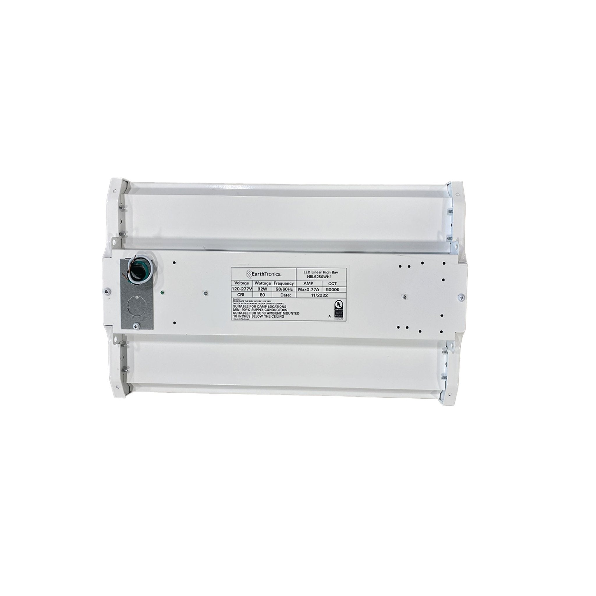 Earthtronics LED High Bay Fixture with 13800 lumens, 92W, 5000K, 120-277V for industrial or commercial lighting.