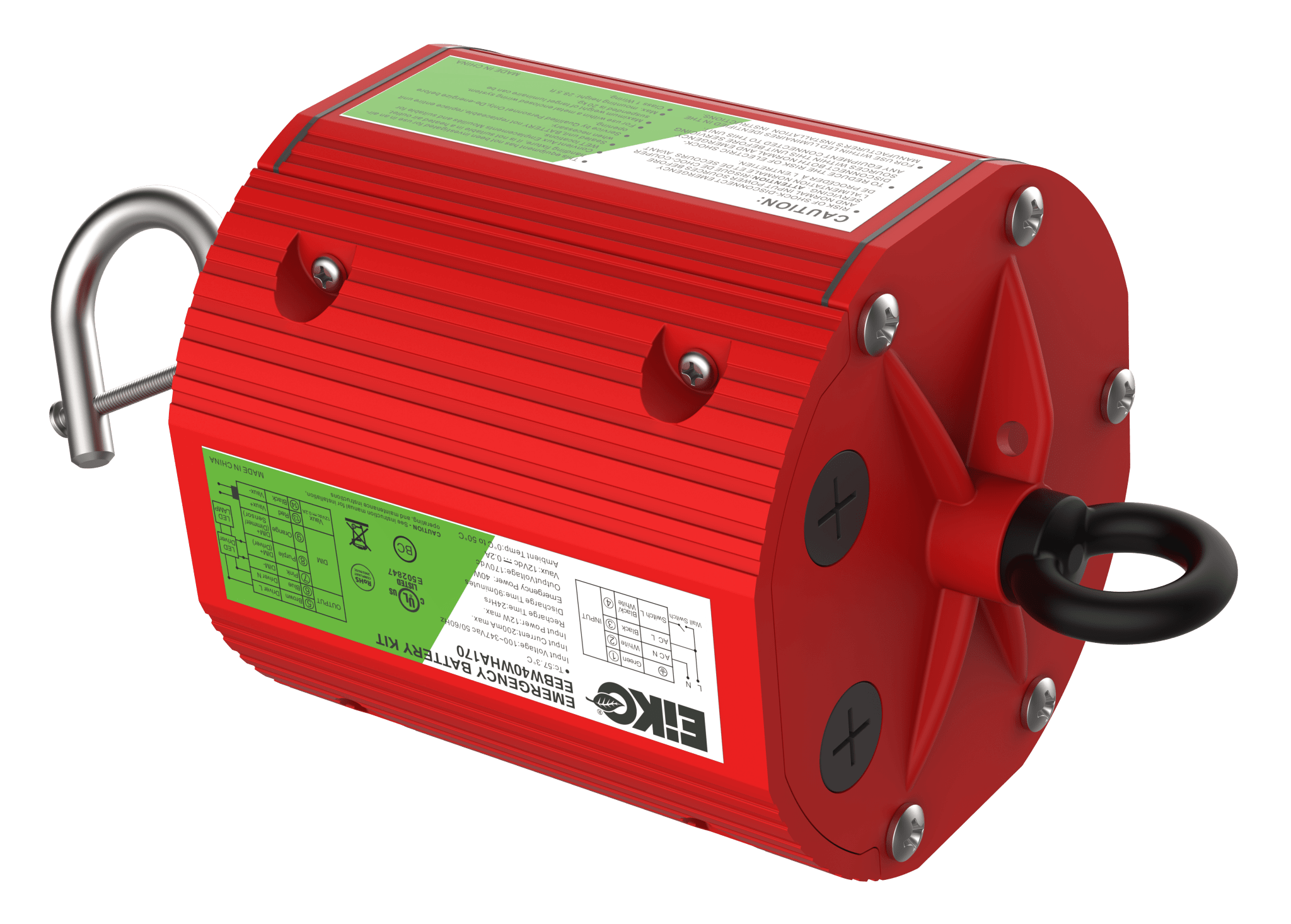 Eiko emergency battery external 40W lighting unit with cylindrical design, IP65 rated for outdoor use, complies with CEC standards.
