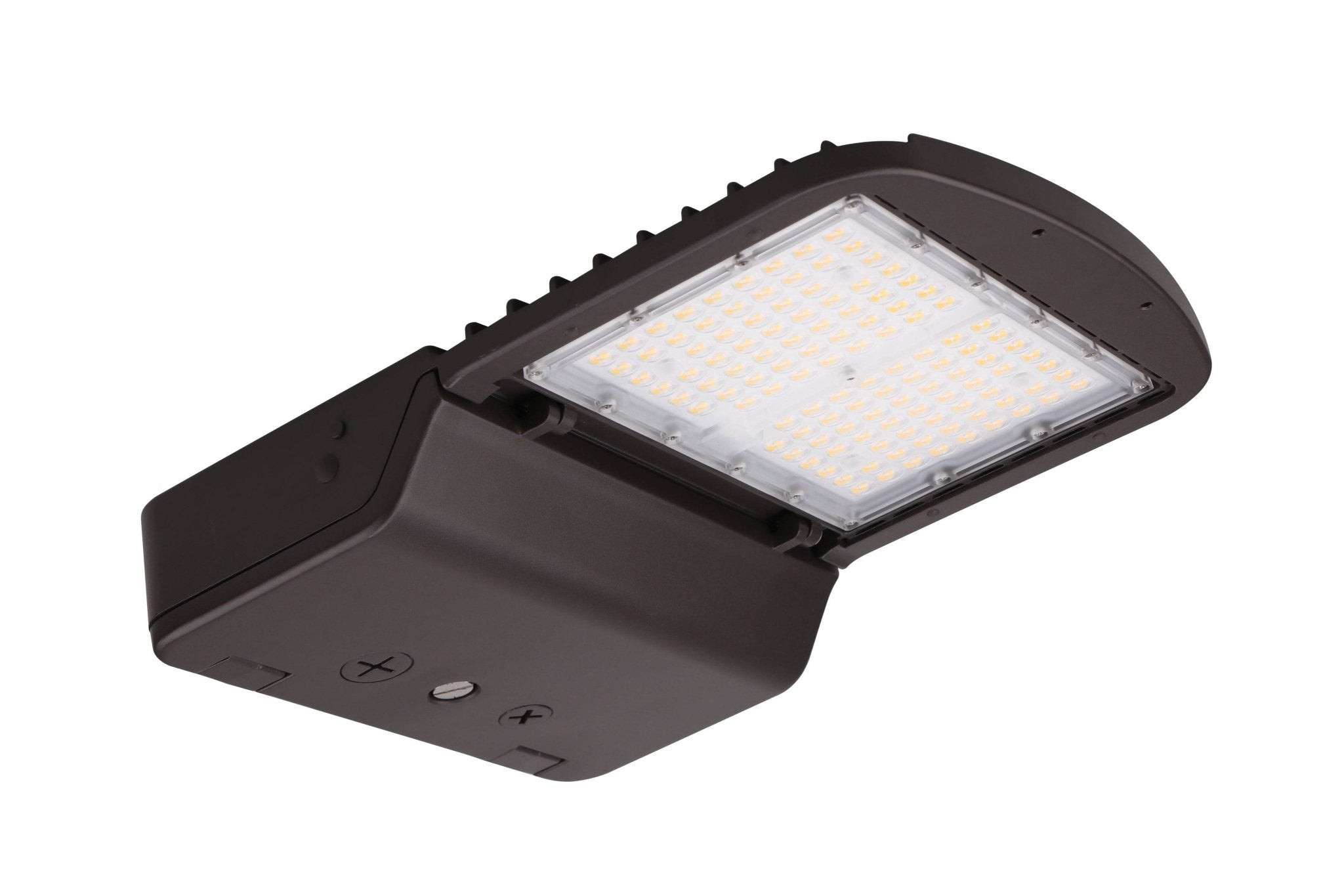Eiko LED area light in bronze with 100W power, Type 3 lens, 5000K color, dimmable, suitable for outdoor exterior lighting.