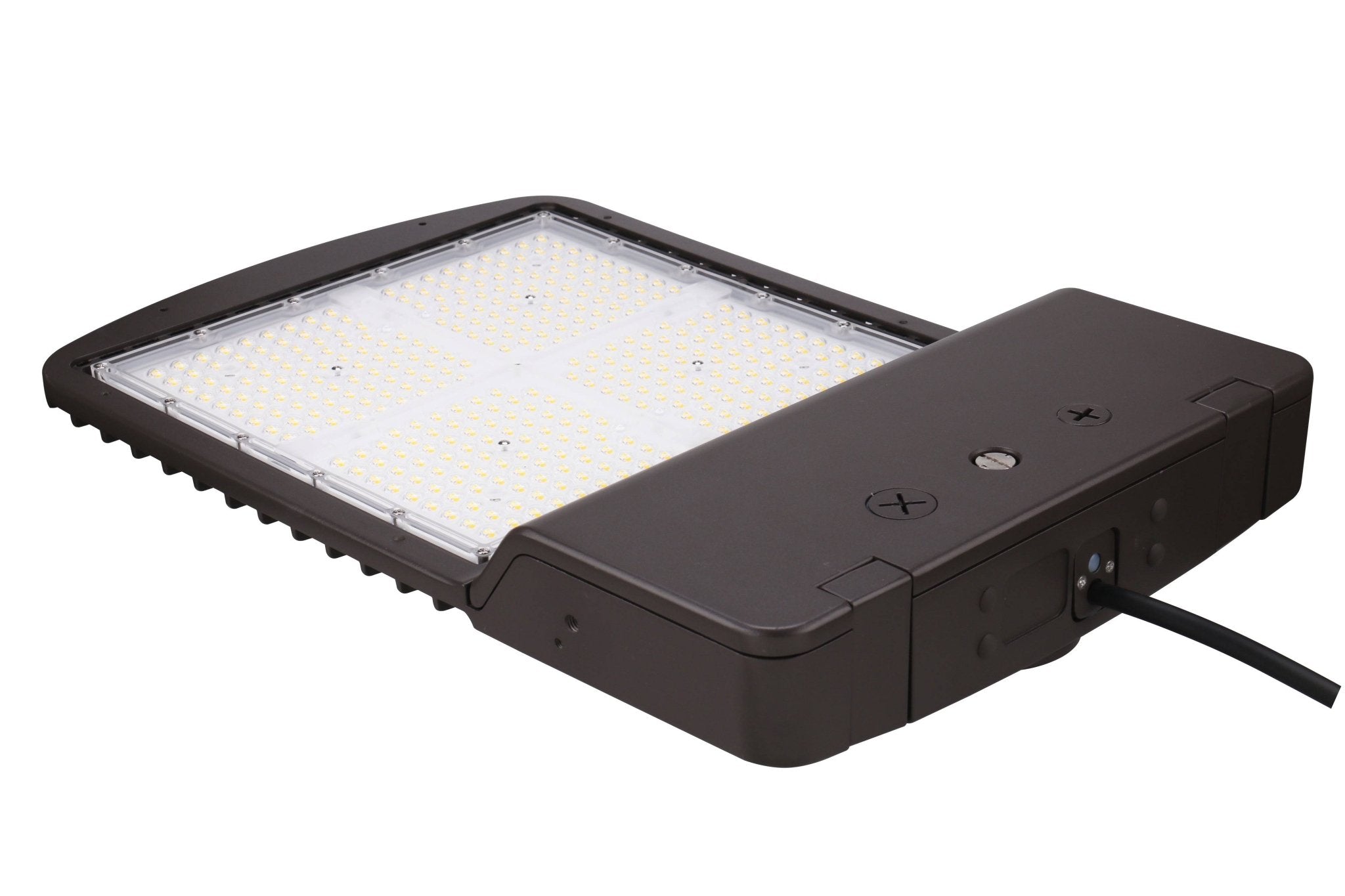 Eiko LED area light in bronze, 300W PowerSet, Type 3 lens, dimmable exterior lighting fixture with adjustable color temperature.