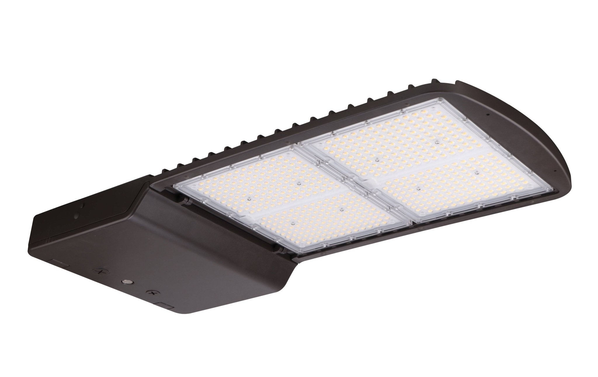 Eiko LED Area Light PowerSet 450/400/350W exterior fixture with bronze finish, Type 3 lens, dimming, 4000K color, 120-277V.
