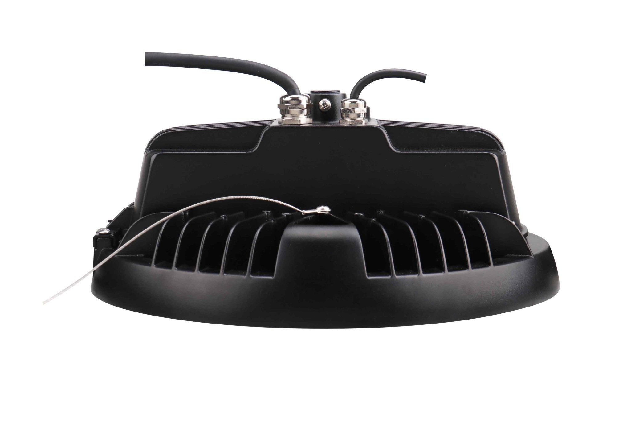 Eiko LED Round High Bay light with PowerSet 150W, 130W, 100W, 80W, black finish, 4000K, dimmable, for industrial ceilings.