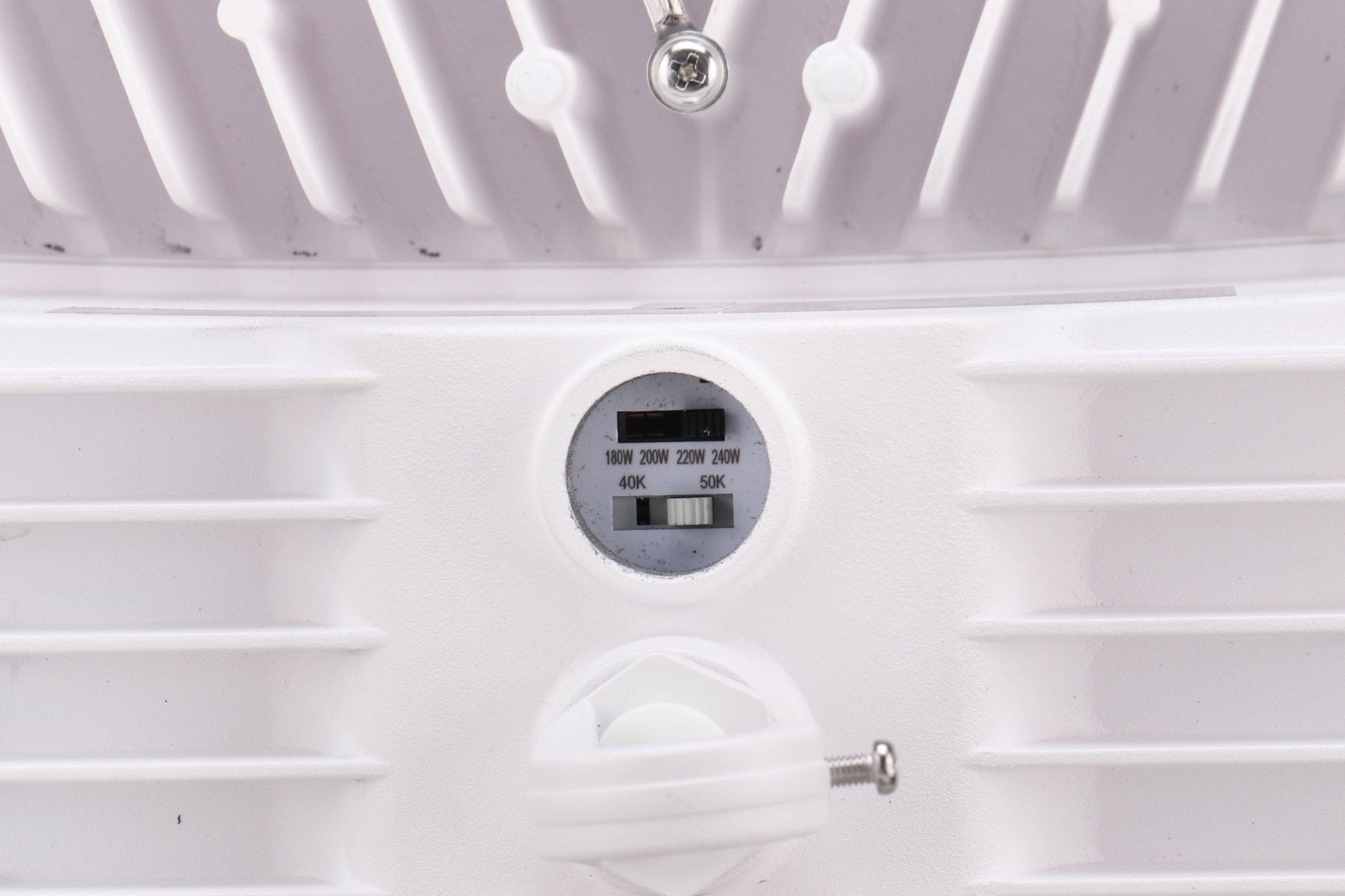 Eiko round LED high bay light with PowerSet, 180-240W, 4000K/5000K, dimmable, white finish, suitable for industrial lighting.