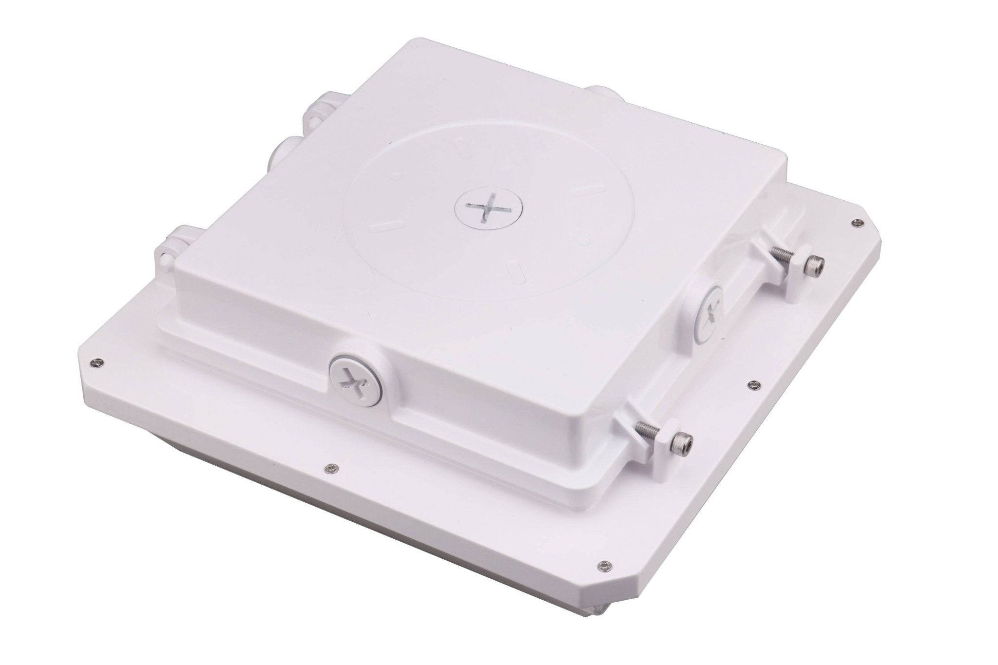Eiko LED parking garage fixture with 45/35/25W power, 4000K/5000K color, white finish, dimmable, suitable for commercial lighting.
