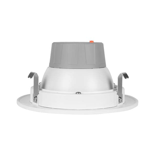 4-inch white Nicor LED gimbal recessed downlight with adjustable CCT for retrofit lighting installation.