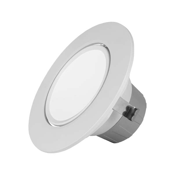 4-inch white Nicor LED gimbal recessed downlight with adjustable CCT for retrofit lighting in ceilings.