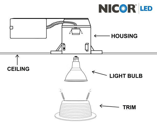 Nicor 6-inch copper recessed baffle trim with 1/2-inch trim ring for LED recessed retrofit lighting installation.