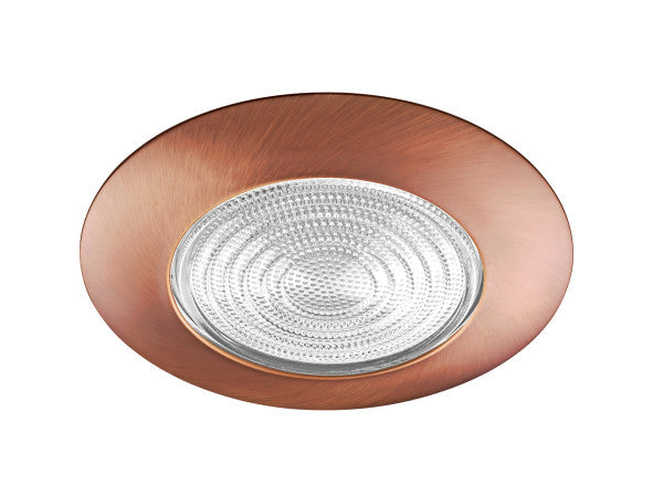 6-inch Nicor copper recessed shower trim with glass Fresnel lens, LED retrofit kit, showcasing sleek metal finish and modern design.