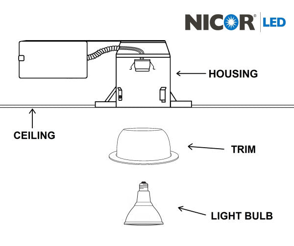 6-inch white specular LED recessed trim from Nicor for retrofit kits, designed for seamless installation and clean ceiling appearance.