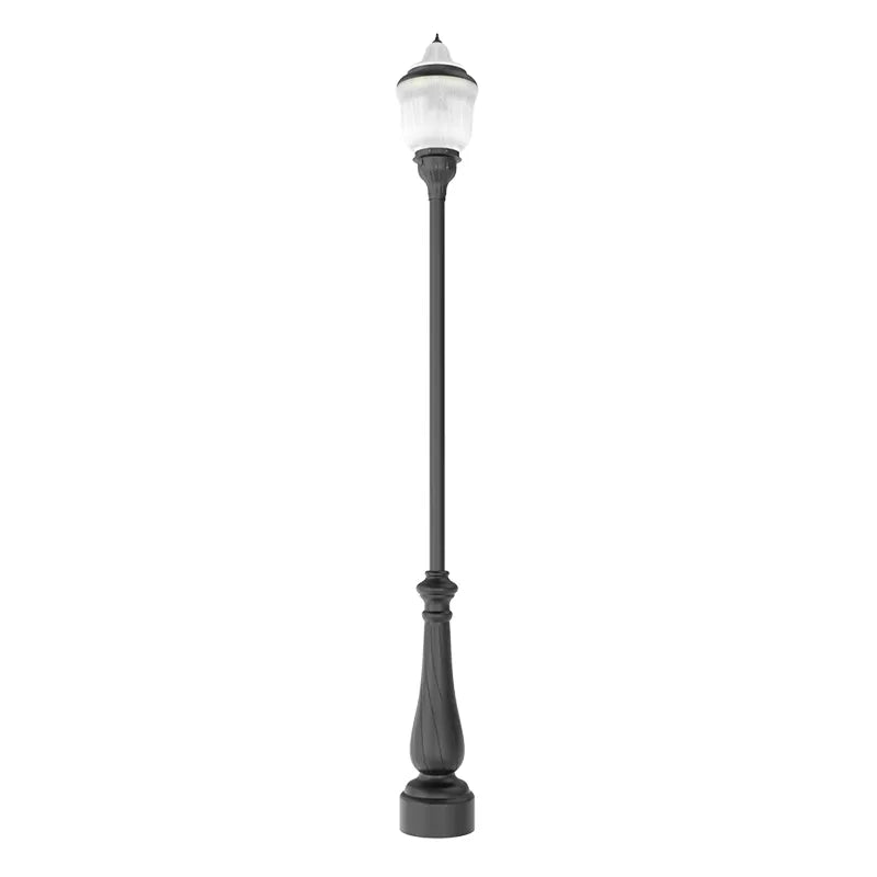 Black LED Acorn Area Light by Westgate, 80W-150W, with photoeye, fits 3-inch pipes or poles for outdoor exterior lighting.