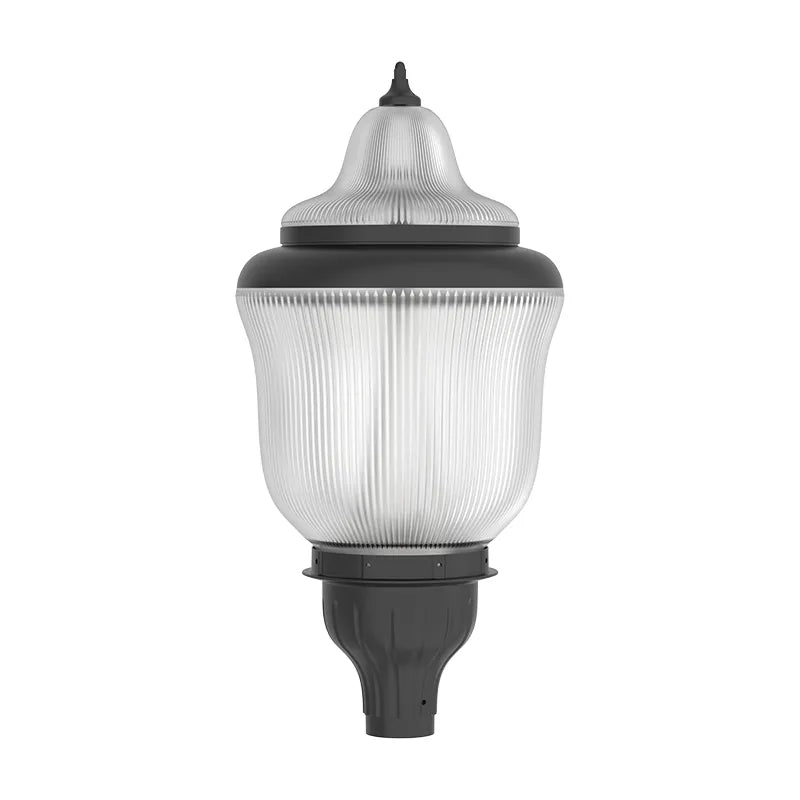 Black LED Acorn Area Light by Westgate, 80W to 150W, with photoeye, fits 3-inch pipes or poles for outdoor lighting.