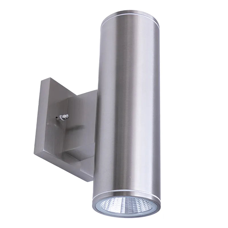 Westgate 4-inch LED cylinder up/down light in brushed nickel with photocell, suitable for exterior lighting, CCT adjustable.
