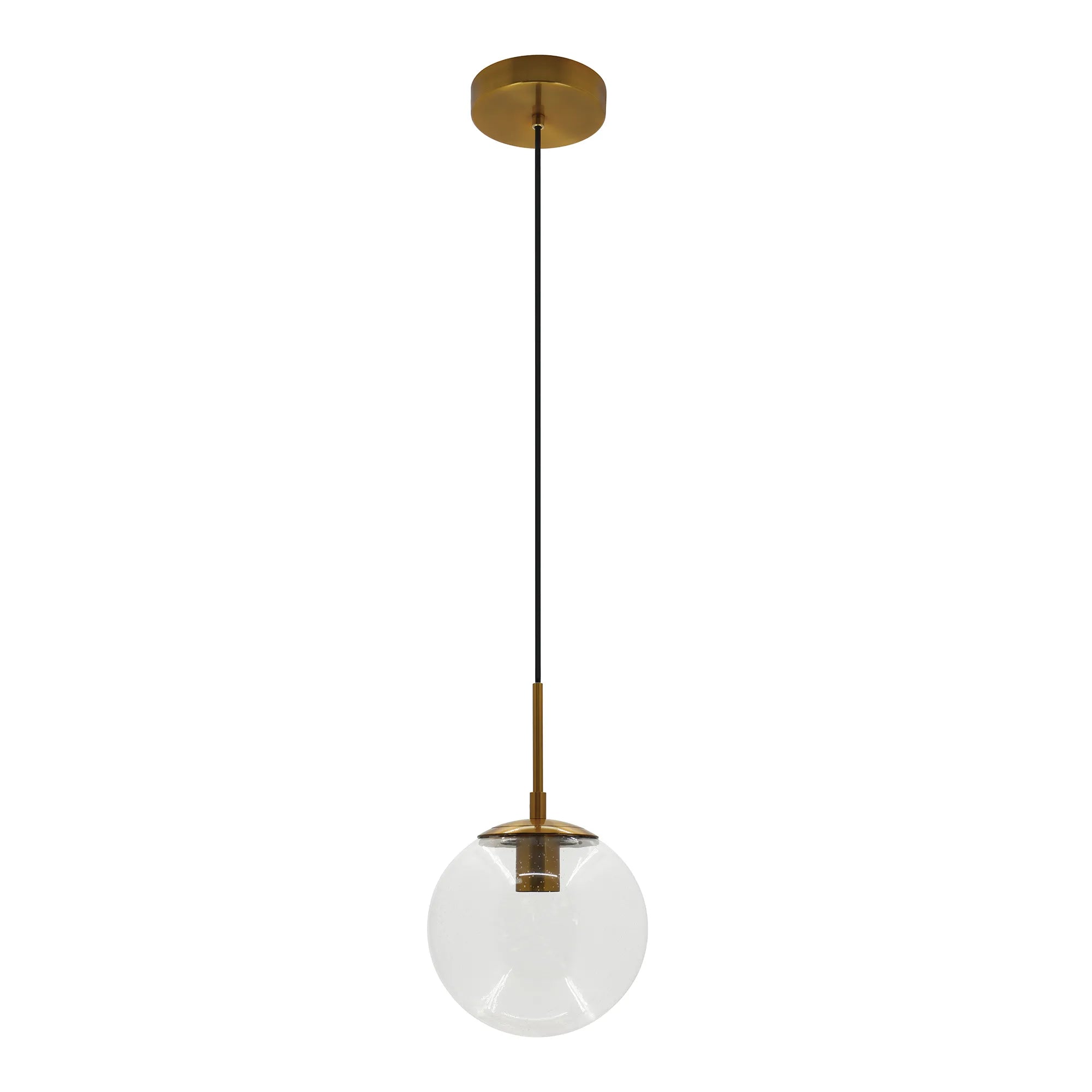 Gold 8-inch seeded glass architectural globe pendant fixture with E26 base, decorative lighting by Westgate, lamp-ready design
