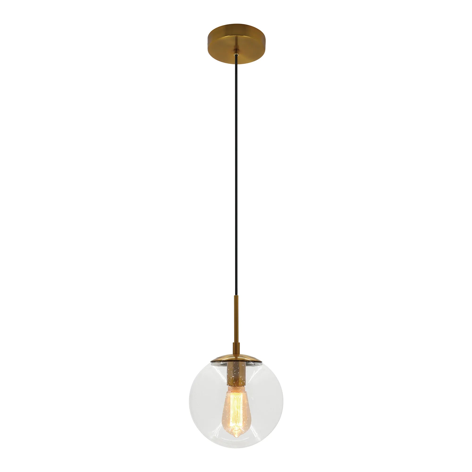 Westgate gold 8-inch seeded glass globe pendant light with E26 base, decorative architectural fixture, lamp-ready design