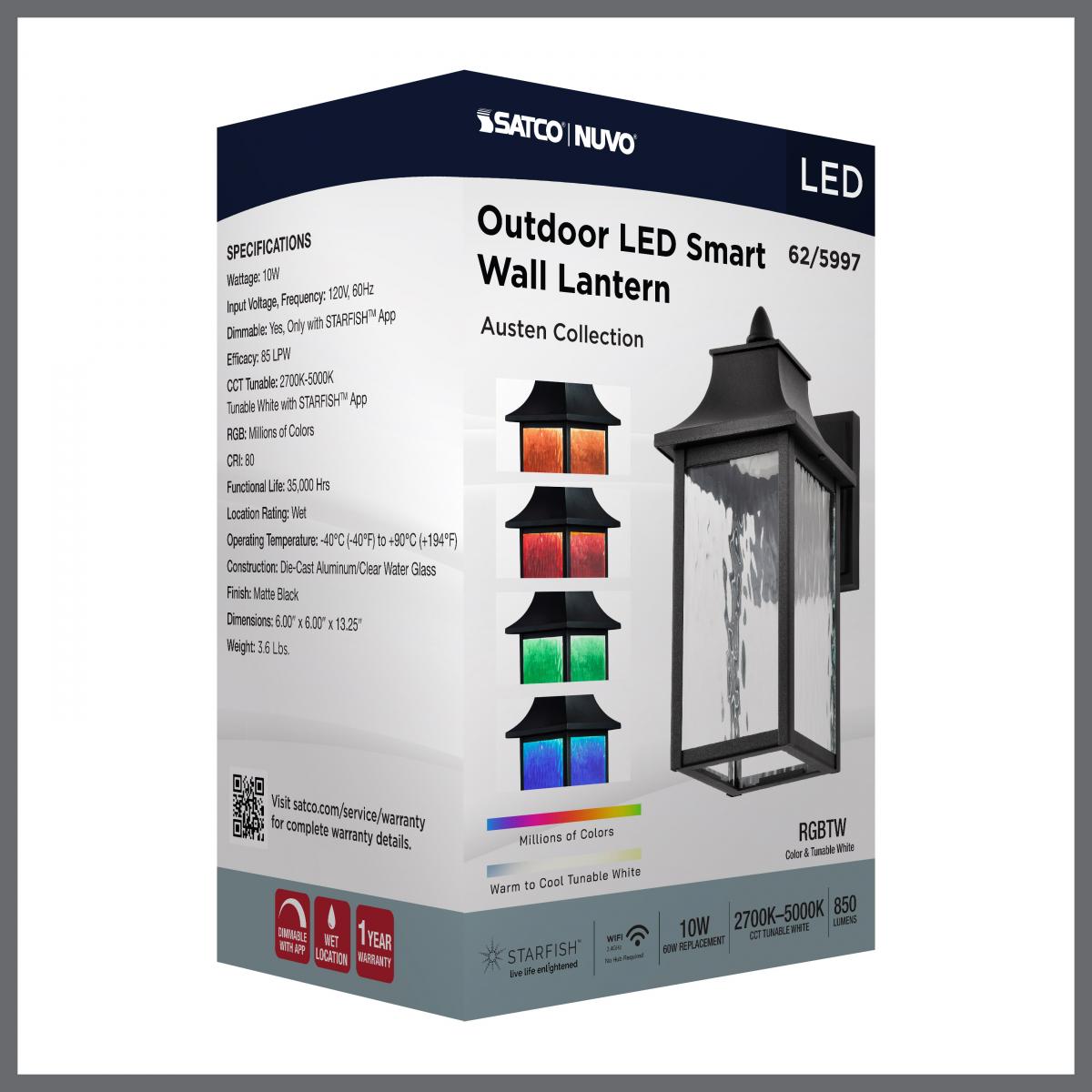 Satco Austen Collection 1-Light Outdoor Wall Fixture with LED, matte black finish, clear water glass, and smart RGBTW CCT selectable lighting.