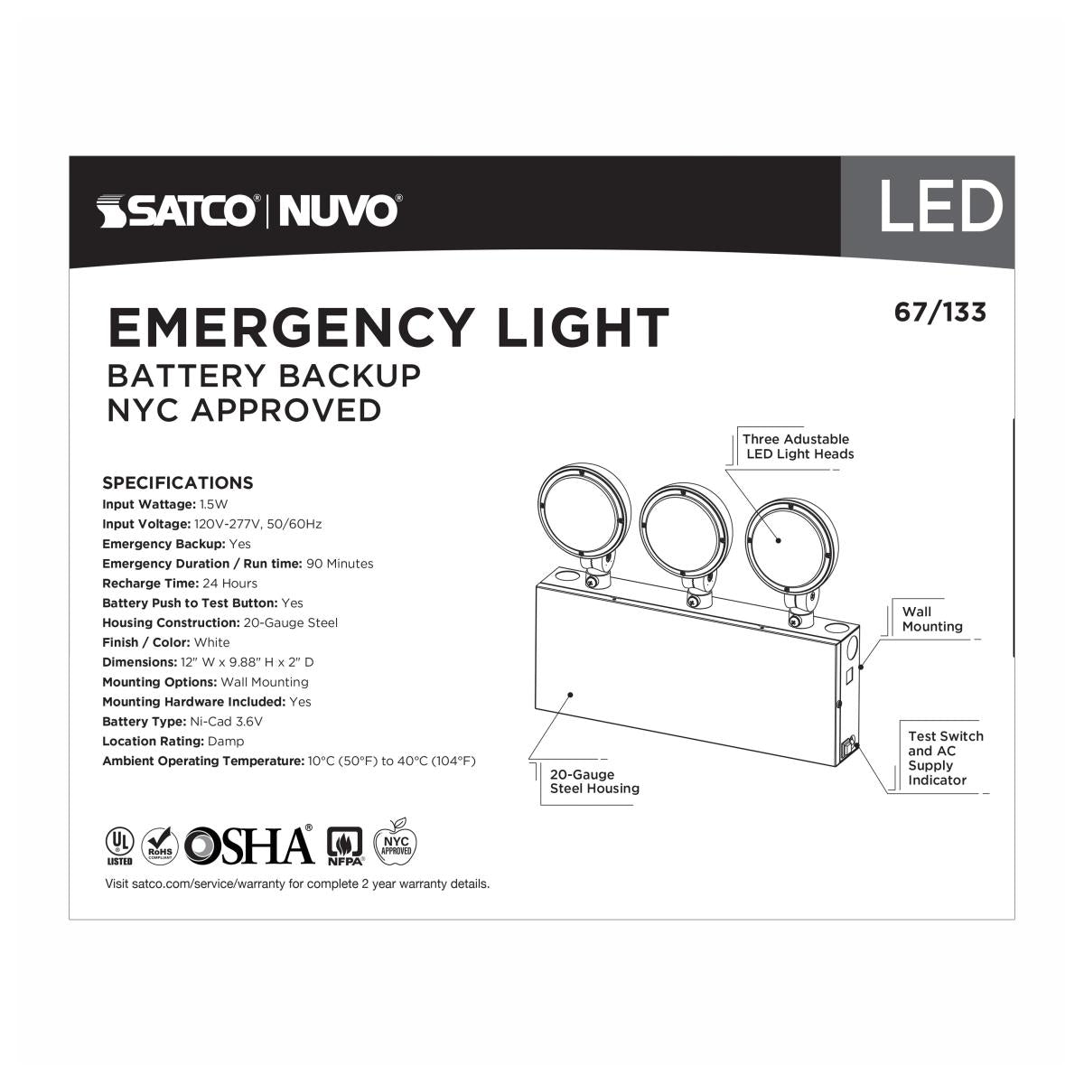 Steel NYC Tri-Head Emergency Light by Satco with 90-minute Ni-Cad backup, 120/277V, universal mounting for safety lighting.
