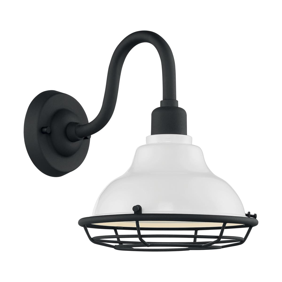 Exterior wall sconce by Satco with a glossy white and textured black finish, featuring a sleek design for outdoor lighting.