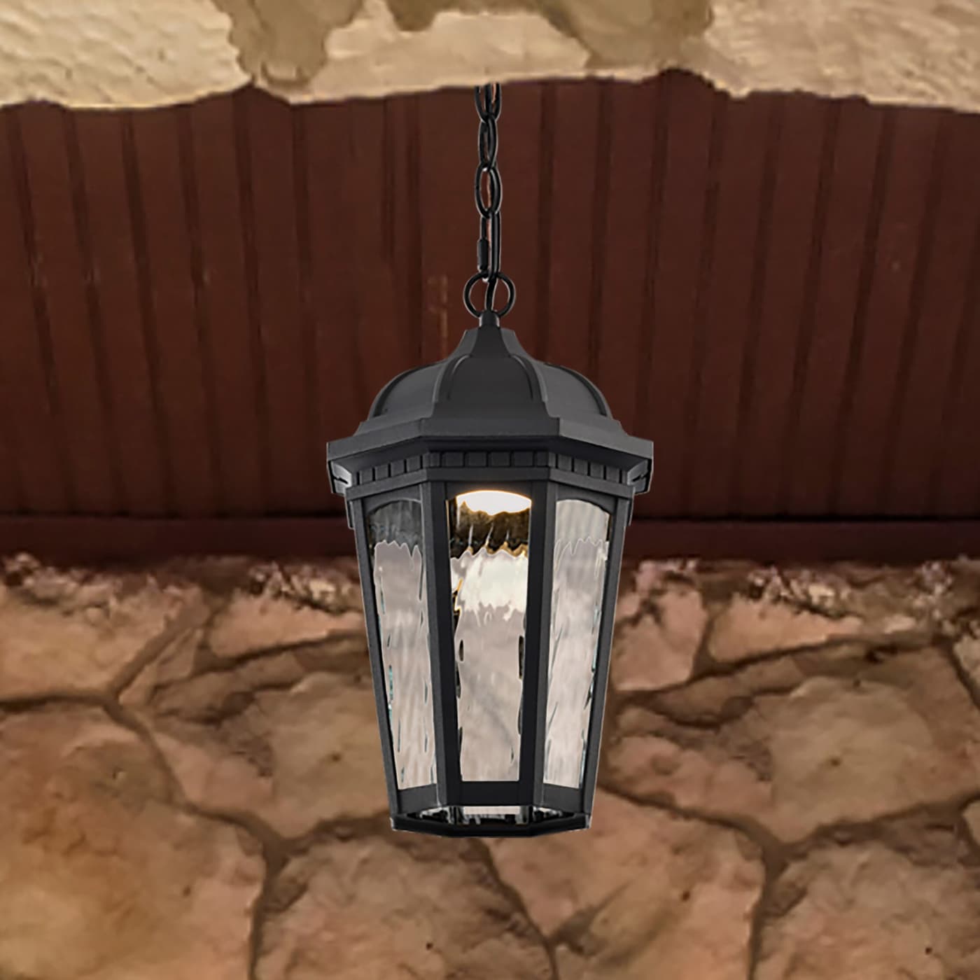 Outdoor hanging fixture from Satco's RGB LED East River Collection with matte black finish and clear water glass.