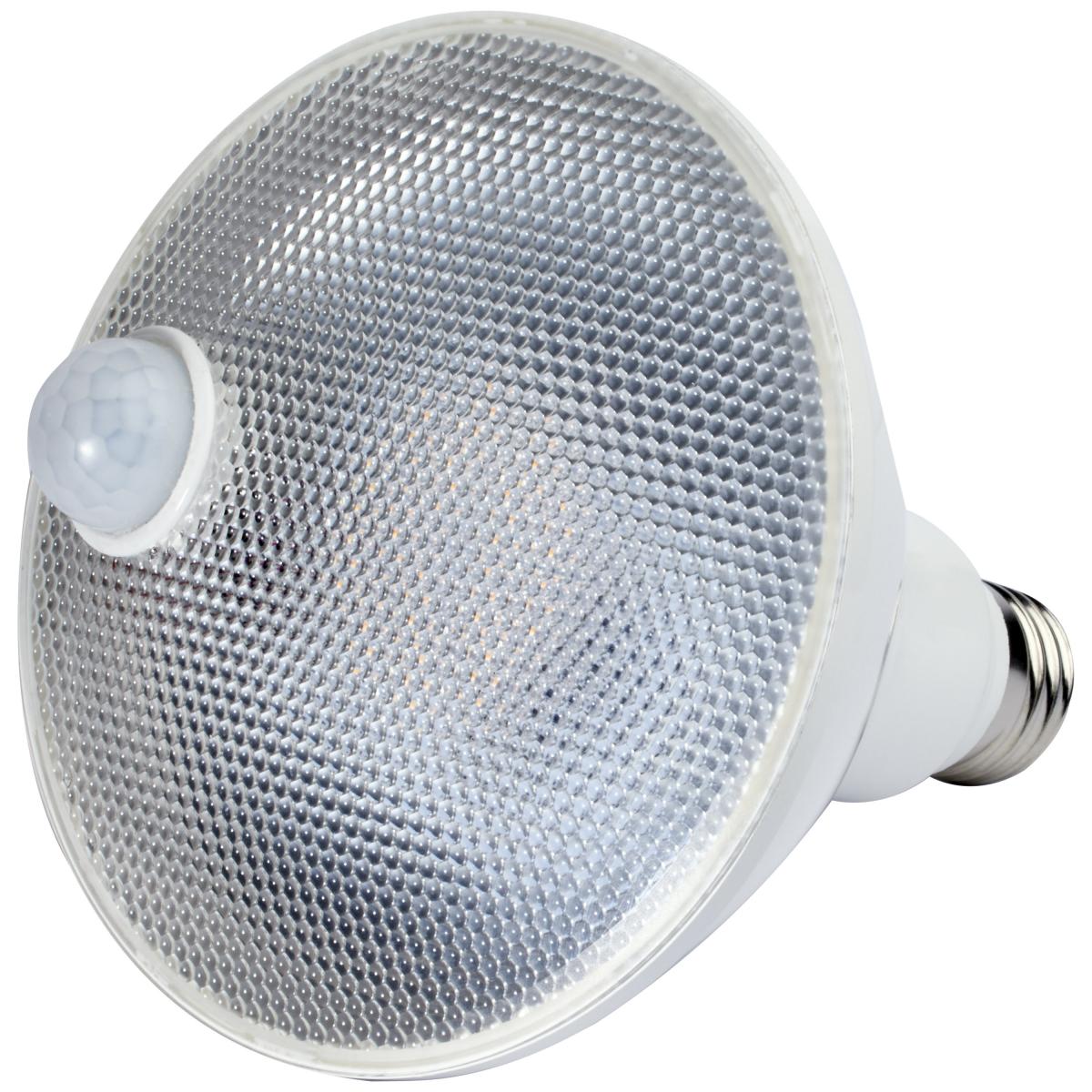 Satco LED 14W PAR38 lamp with PIR sensor, white 5000K, 1100 lumens, energy-efficient bulb for outdoor or indoor lighting.
