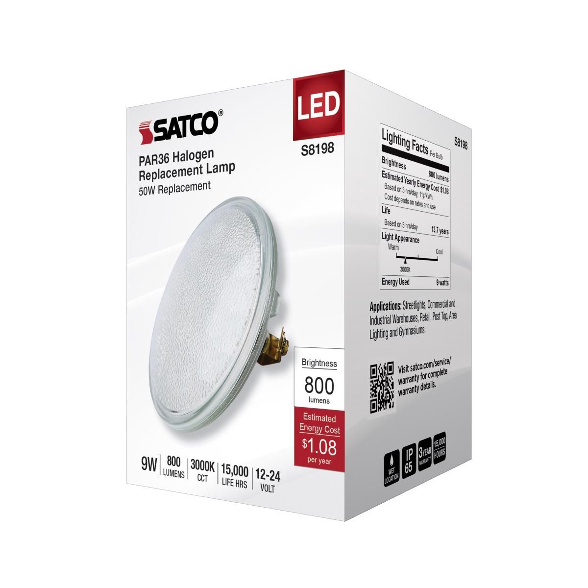 Satco LED 9W PAR36 light bulb with 3000K warm white color and screw terminal base for indoor lighting.