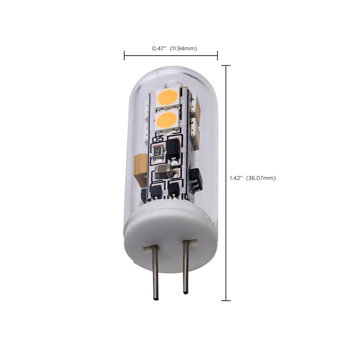Satco LED T4 2W clear finish light bulb with bi-pin G4 base, 3000K warm white, designed for 12-volt lighting fixtures.