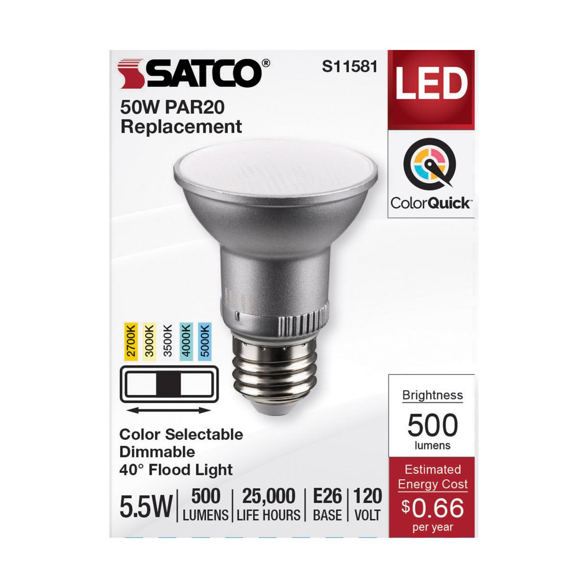 Outdoor Rated LED 5.5 Watt PAR20; CCT Selectable; 40 Degree 