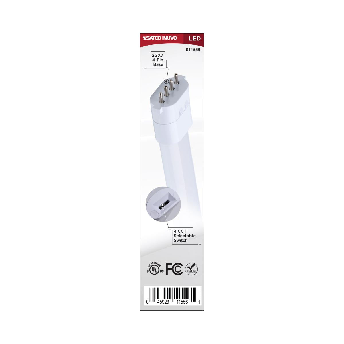 Satco Universal LED PL Lamp 5.5W with 2GX7 base, available in 27K to 40K CCT, ballast bypass, LED light bulb.