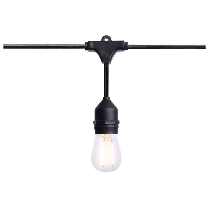 Satco 24-foot LED string light with 12 S14 lamps, 2700K warm white, black cord, 120-volt LED lighting fixture.
