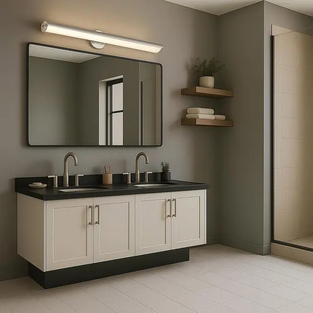 Satco 36-inch LED vanity light with brushed nickel finish, acrylic lens, and 3 CCT selectable lighting options.