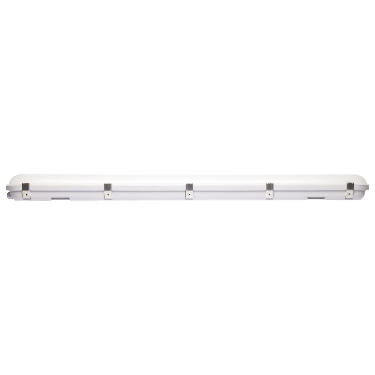 Satco 4-foot vapor-proof LED linear fixture with CCT and wattage selection, IP65 and IK08 rated, 0-10V dimming, 120V-347V.