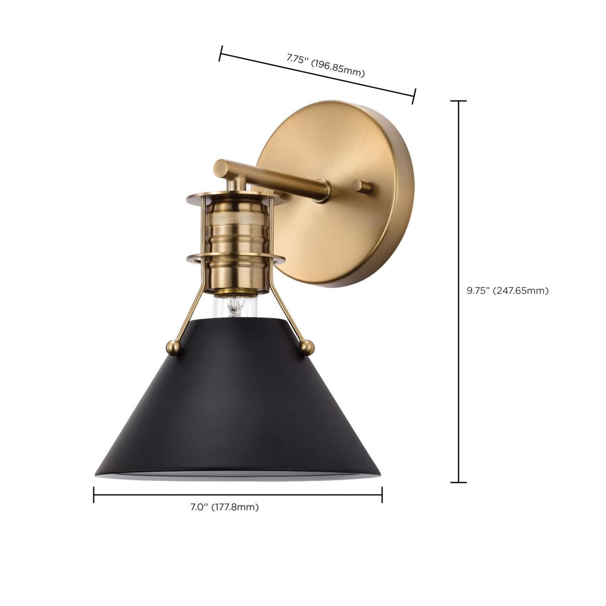 Satco Outpost 1-Light Wall Sconce with matte black finish and burnished brass accents, LED lighting fixture for modern interior decor