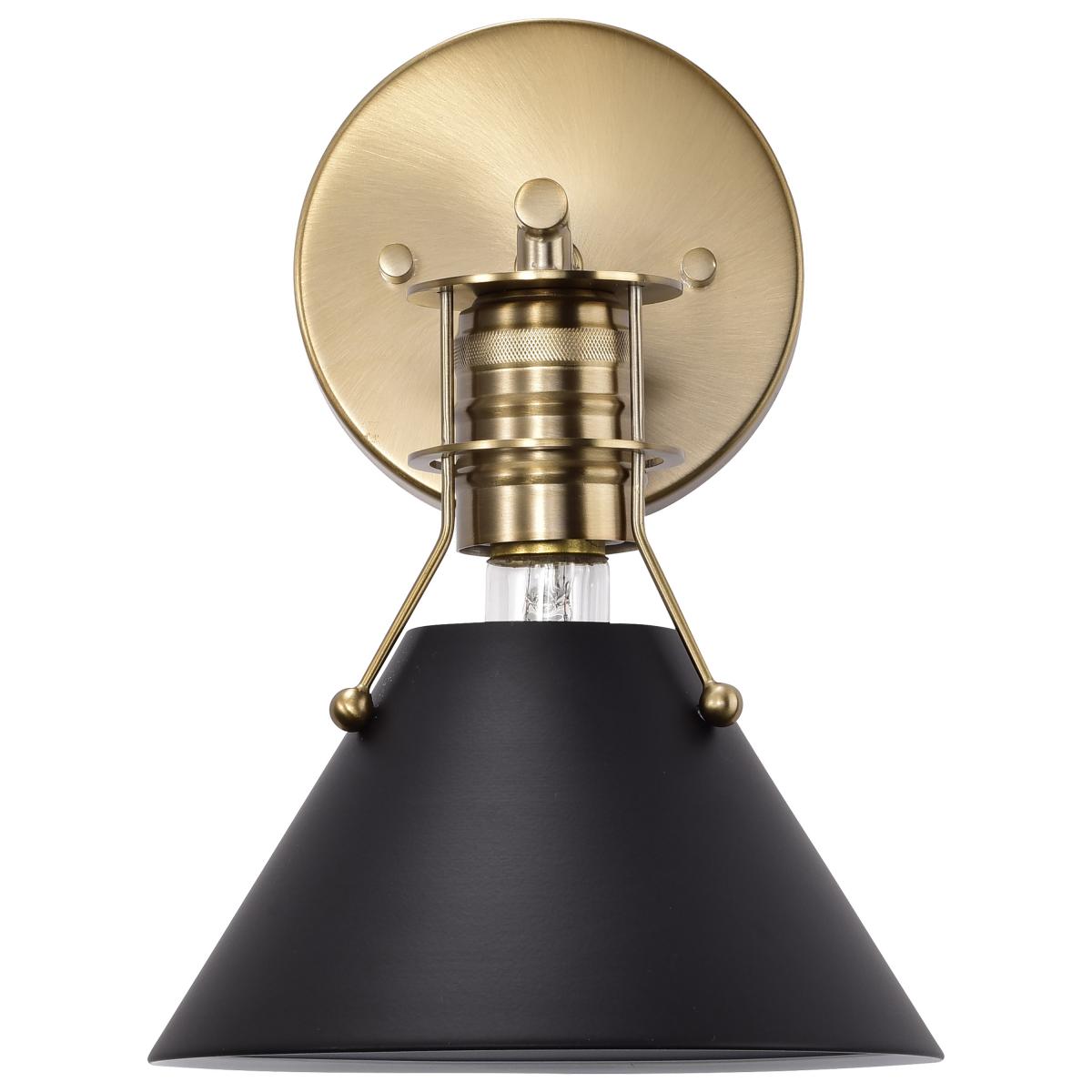 Satco Outpost 1-light wall sconce with matte black finish and burnished brass accents, LED lighting fixture for modern décor.